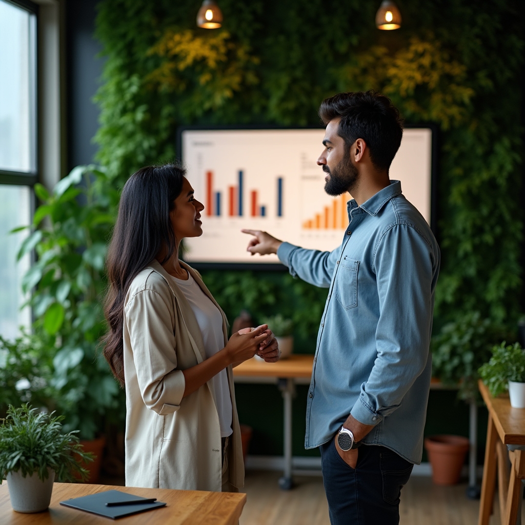 Two colleagues reviewing a redesigned dashboard on a large screen in a plant-filled office