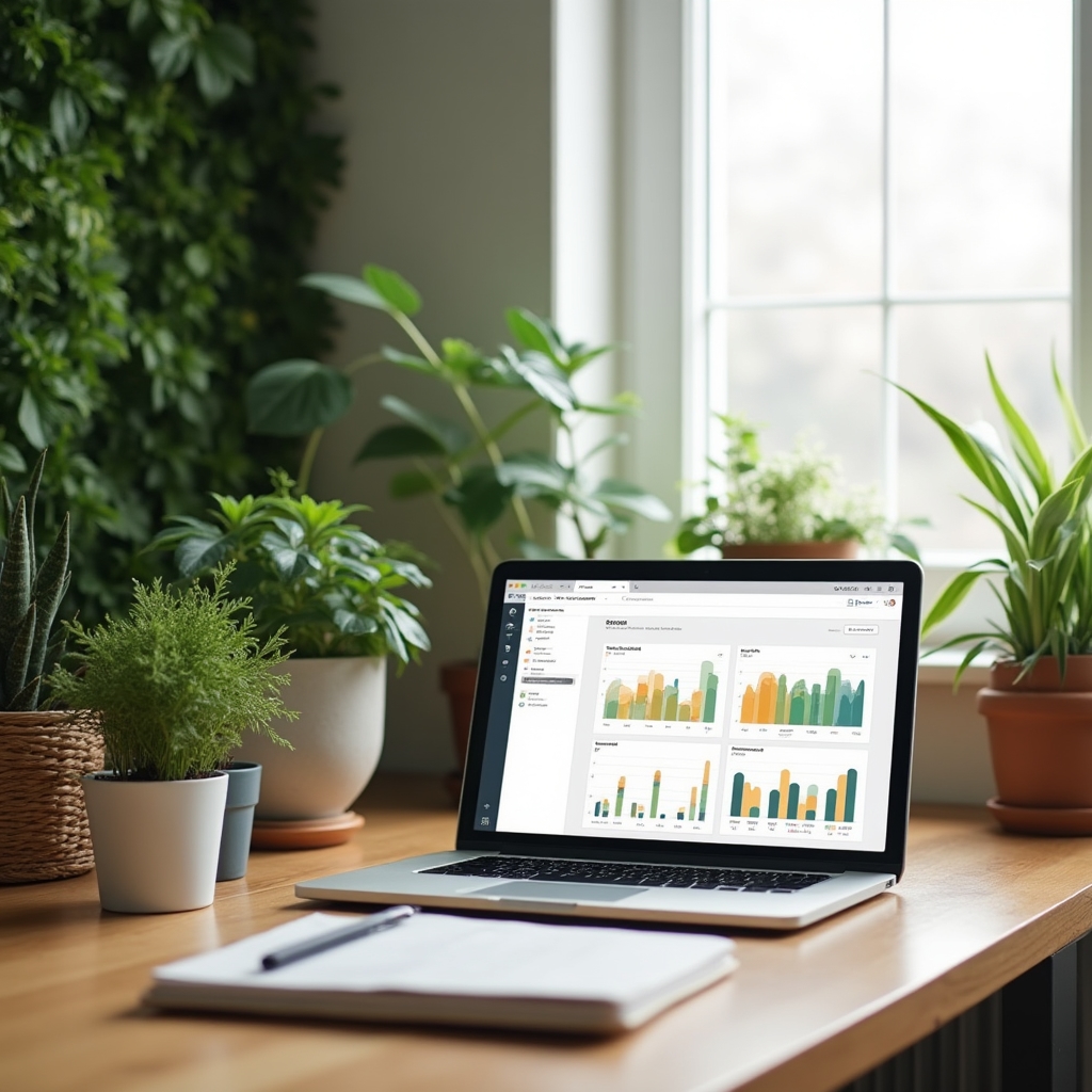 Sunlit workspace with plants and a laptop open to a redesigned dashboard mockup