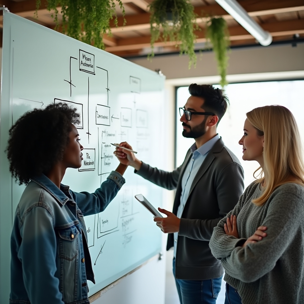 Small team sketching a dashboard hierarchy on a glass wall with markers