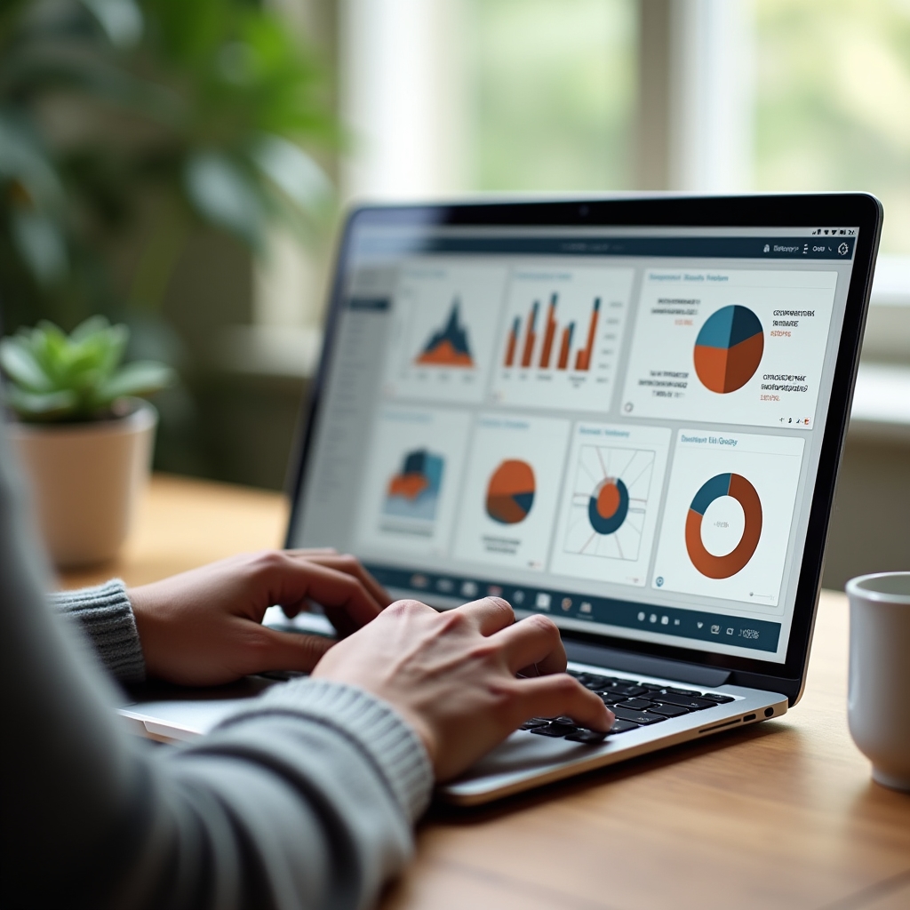 Laptop screen showing a structured slide template library with consistent chart styles